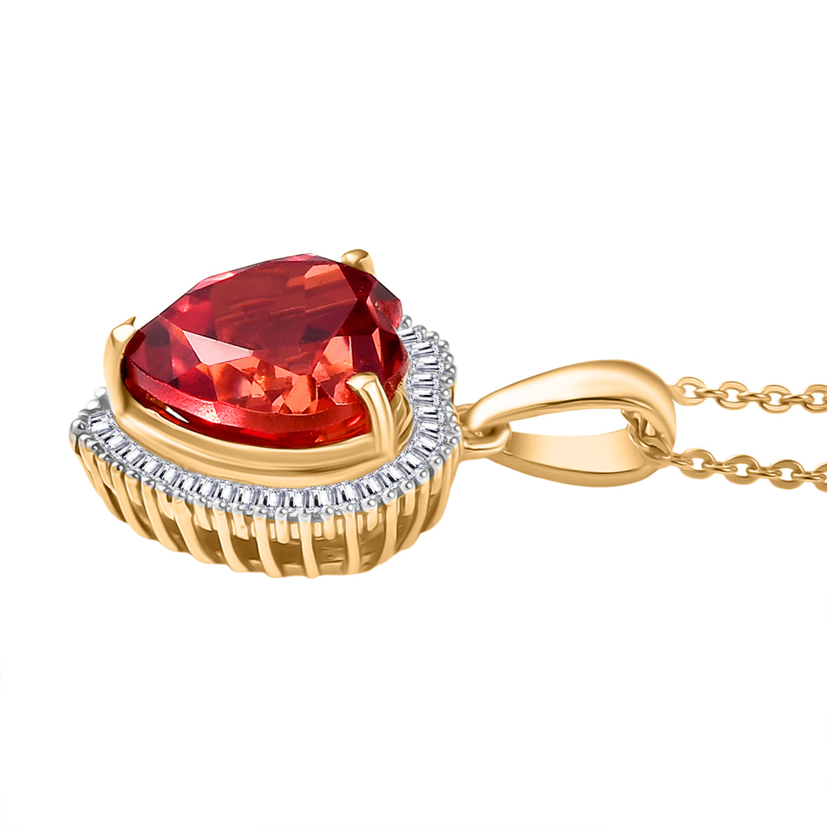 D'Joy Lab Grown Padparadscha-Saphir, Weißer Diamant Anhänger mit Kette, ca. 50 cm 925 Silber 750 Gelbgold Vermeil ca. 5.40 ct