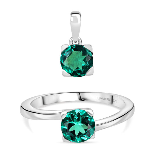 2er Set - D'Joy AAA Lab Grown Kolumbianischer Smaragd Ring und Anhänger, 925 Silber rhodiniert (Größe 17.00) ca. 1.76 ct