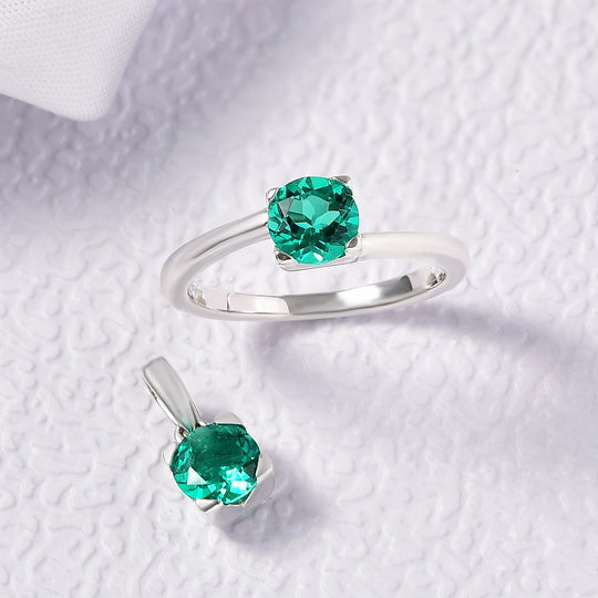 2er Set - D'Joy AAA Lab Grown Kolumbianischer Smaragd Ring und Anhänger, 925 Silber rhodiniert (Größe 18.00) ca. 1.76 ct