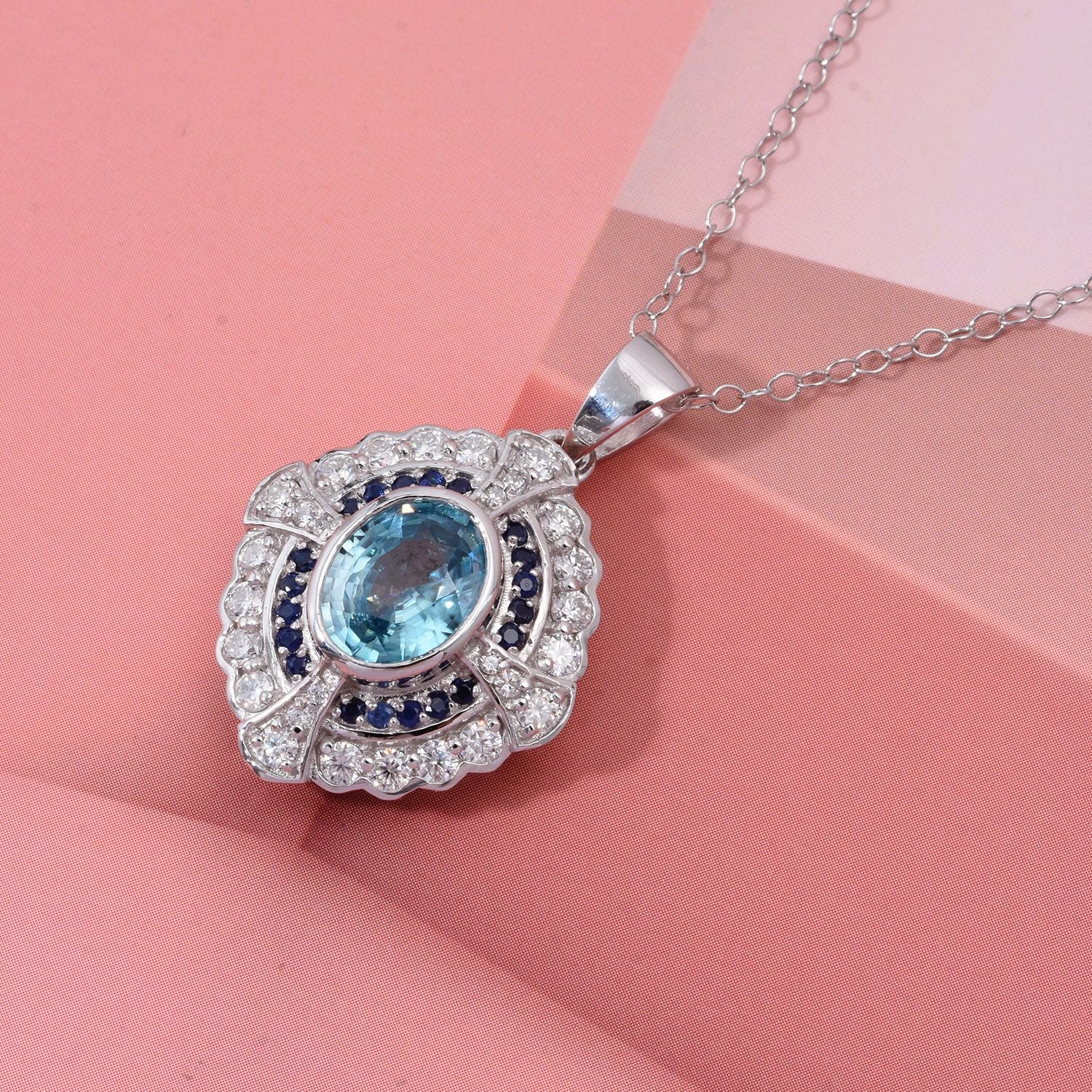 D'Joy Blauer Zirkon, Moissanit Anhänger mit Kette, ca. 50 cm 925 Silber rhodiniert ca. 3.67 ct