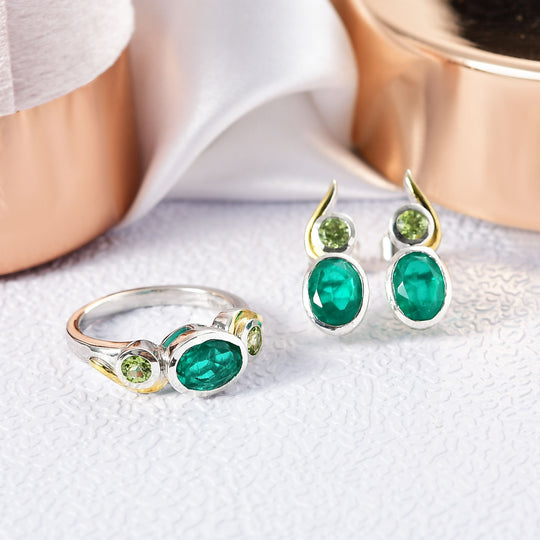 D'Joy Smaragd-Quarz Triplette Schmuckset 925 Silber platiniert und vergoldet (Größe 20) ca. 5.19 ct