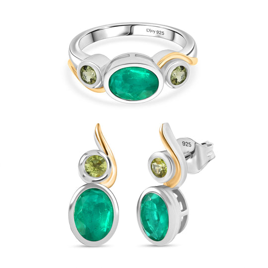 D'Joy Smaragd-Quarz Triplette Schmuckset 925 Silber platiniert und vergoldet (Größe 20) ca. 5.19 ct