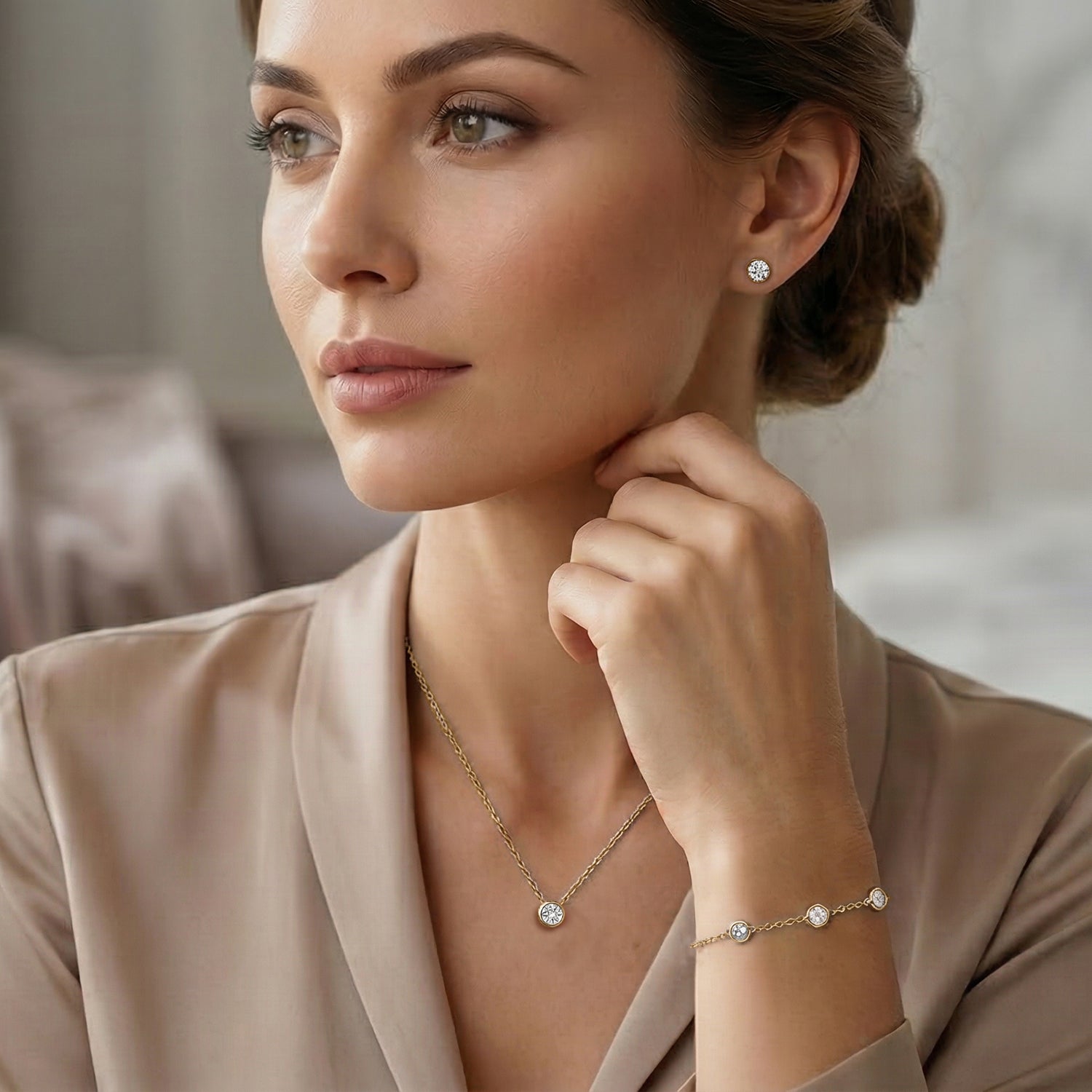 Luxuriant Diamond Trio: Labor Diamant Anhänger mit 50cm Kette Armband & Ohrringe 925 Silber Gelbgold Vermeil