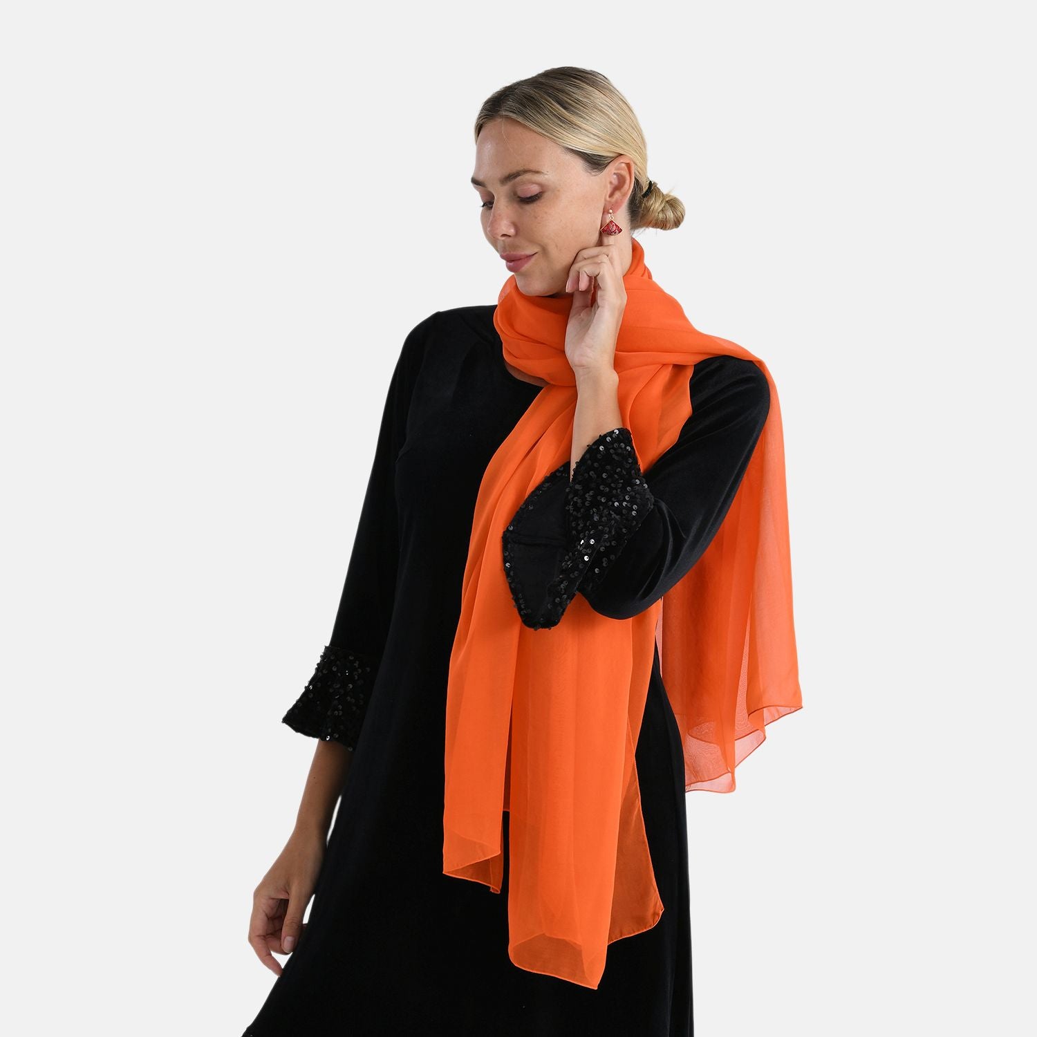 LA MAREY Signature - Seidenschal aus 100% Maulbeerseide mit Seidenbrokat-Ohrringen, 110x180 cm, Koralle