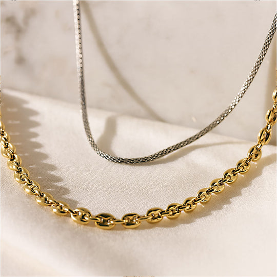 DESIGNER INSPIRIERT - 2er Fancy Ketten Set mit 5 cm Extender, Goldfarben und Silberfarben