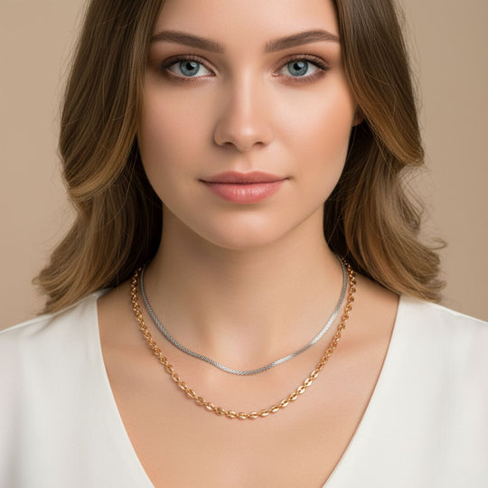 DESIGNER INSPIRIERT - 2er Fancy Ketten Set mit 5 cm Extender, Goldfarben und Silberfarben