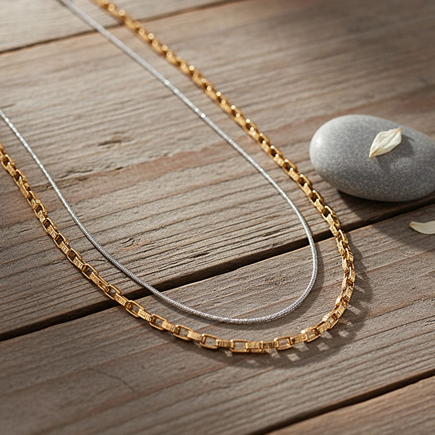 2er Set - D'Joy AA Goldene Gliederkette und Silberne Schlangenkette, ca. 45 cm