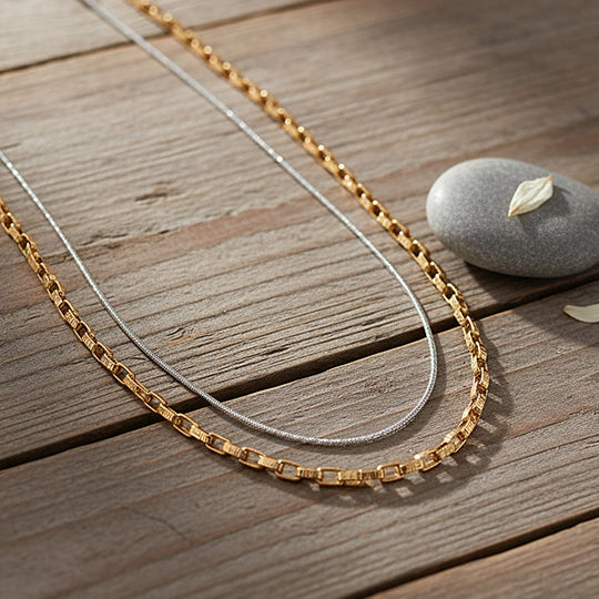 2er Set - D'Joy AA Goldene Gliederkette und Silberne Schlangenkette, ca. 45 cm