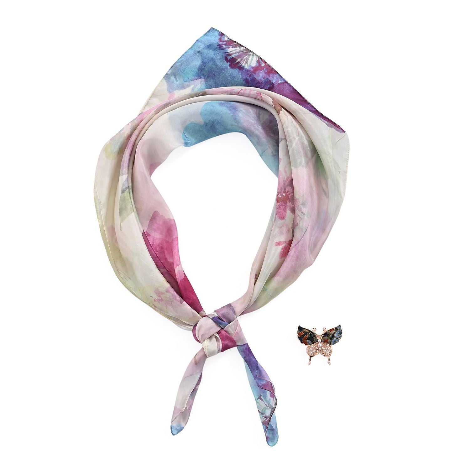 LA MAREY Signature - Seiden-Foulard aus 100% Maulbeerseide und Schmetterling-Seidenbrokat-Brosche, 110x110 cm, Mehrfarbig