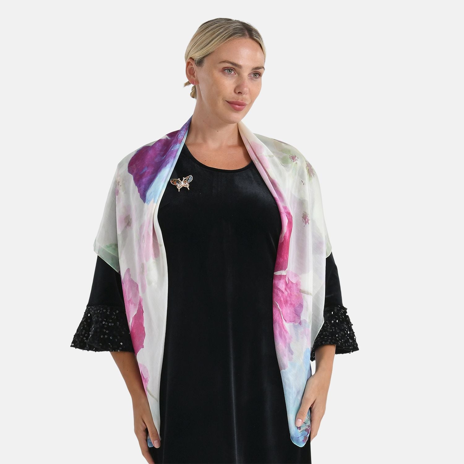 LA MAREY Signature - Seiden-Foulard aus 100% Maulbeerseide und Schmetterling-Seidenbrokat-Brosche, 110x110 cm, Mehrfarbig