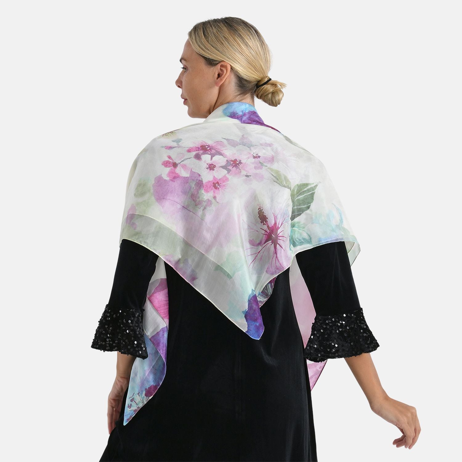 LA MAREY Signature - Seiden-Foulard aus 100% Maulbeerseide und Schmetterling-Seidenbrokat-Brosche, 110x110 cm, Mehrfarbig