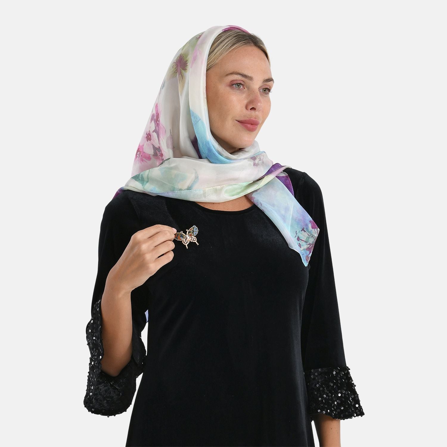 LA MAREY Signature - Seiden-Foulard aus 100% Maulbeerseide und Schmetterling-Seidenbrokat-Brosche, 110x110 cm, Mehrfarbig