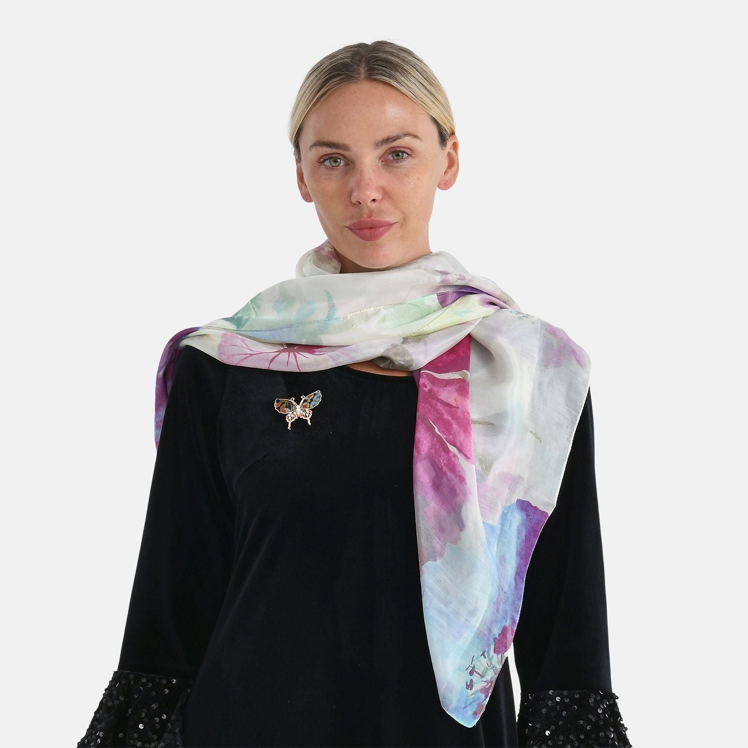LA MAREY Signature - Seiden-Foulard aus 100% Maulbeerseide und Schmetterling-Seidenbrokat-Brosche, 110x110 cm, Mehrfarbig