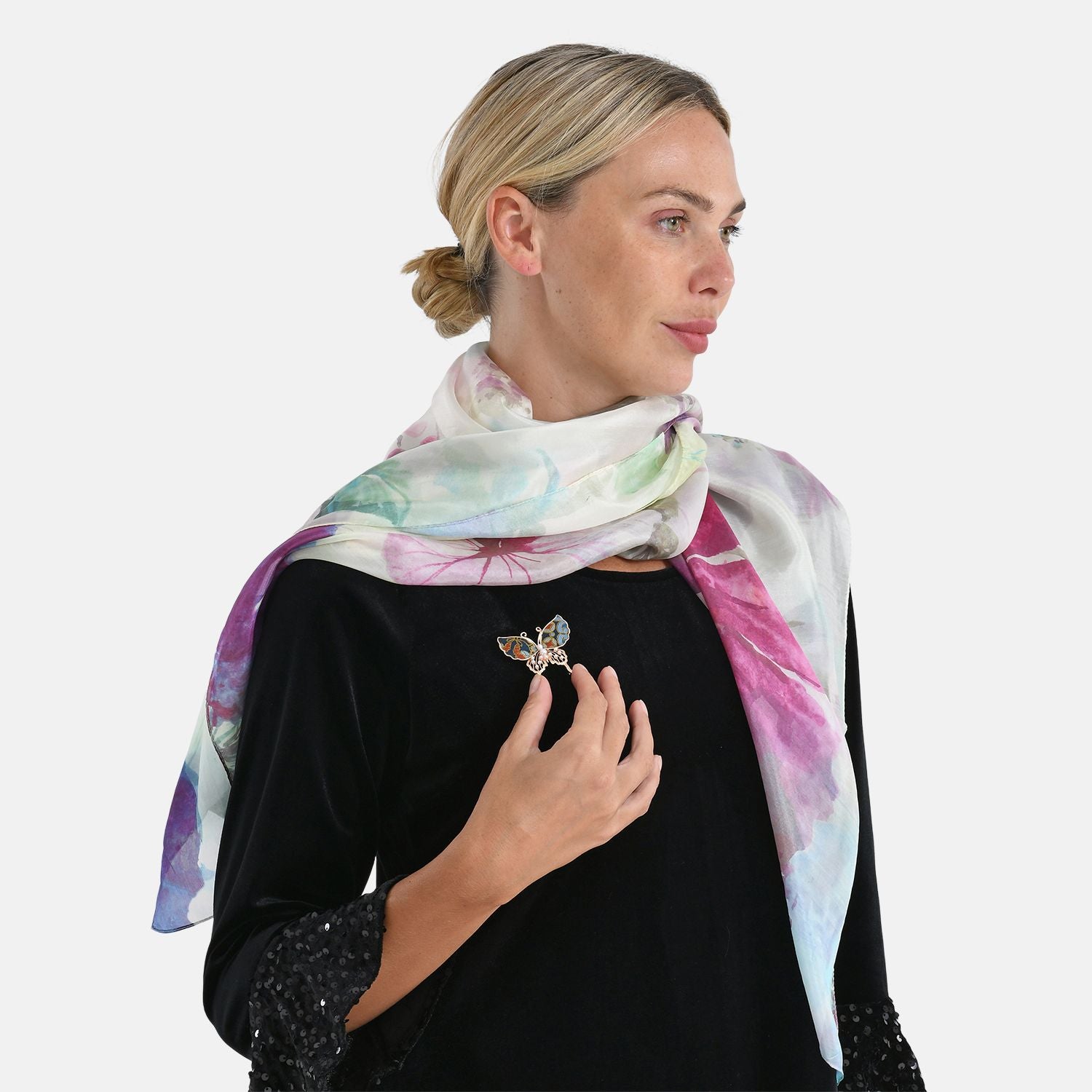 LA MAREY Signature - Seiden-Foulard aus 100% Maulbeerseide und Schmetterling-Seidenbrokat-Brosche, 110x110 cm, Mehrfarbig