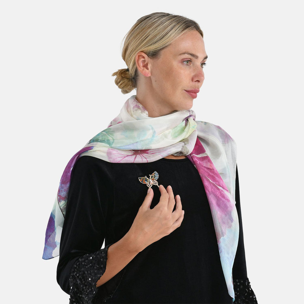 LA MAREY Signature - Seiden-Foulard aus 100% Maulbeerseide und Schmetterling-Seidenbrokat-Brosche, 110x110 cm, Mehrfarbig