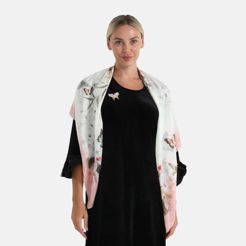 LA MAREY signature 100% silk scarf, Silk pearl butterfly brooch Material: Silk & alloy  color: off white   Size: