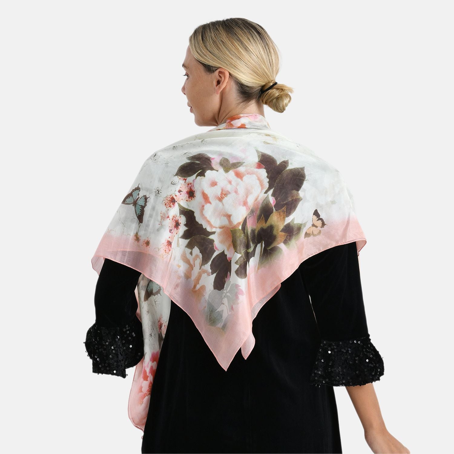 LA MAREY signature 100% silk scarf, Silk pearl butterfly brooch Material: Silk & alloy  color: off white   Size: