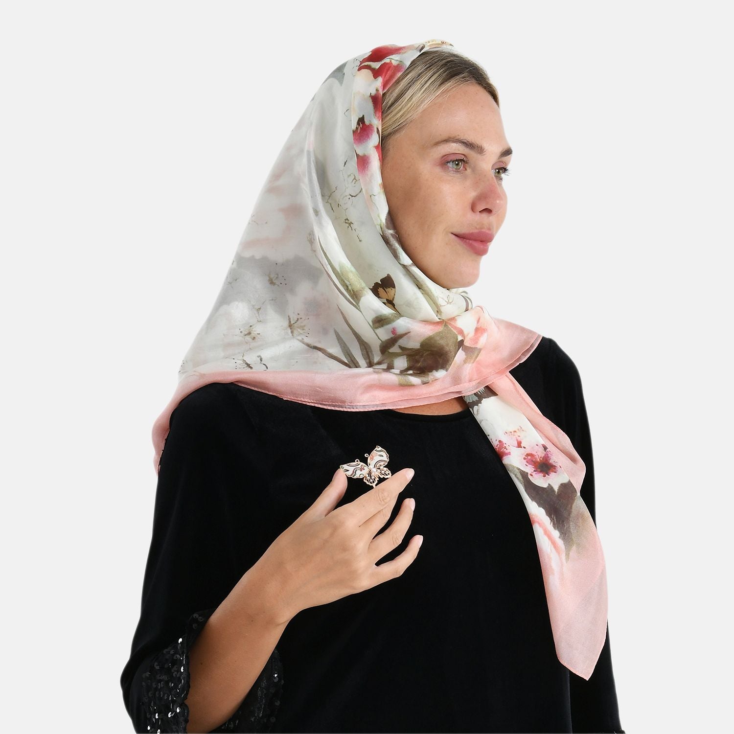 LA MAREY signature 100% silk scarf, Silk pearl butterfly brooch Material: Silk & alloy  color: off white   Size: