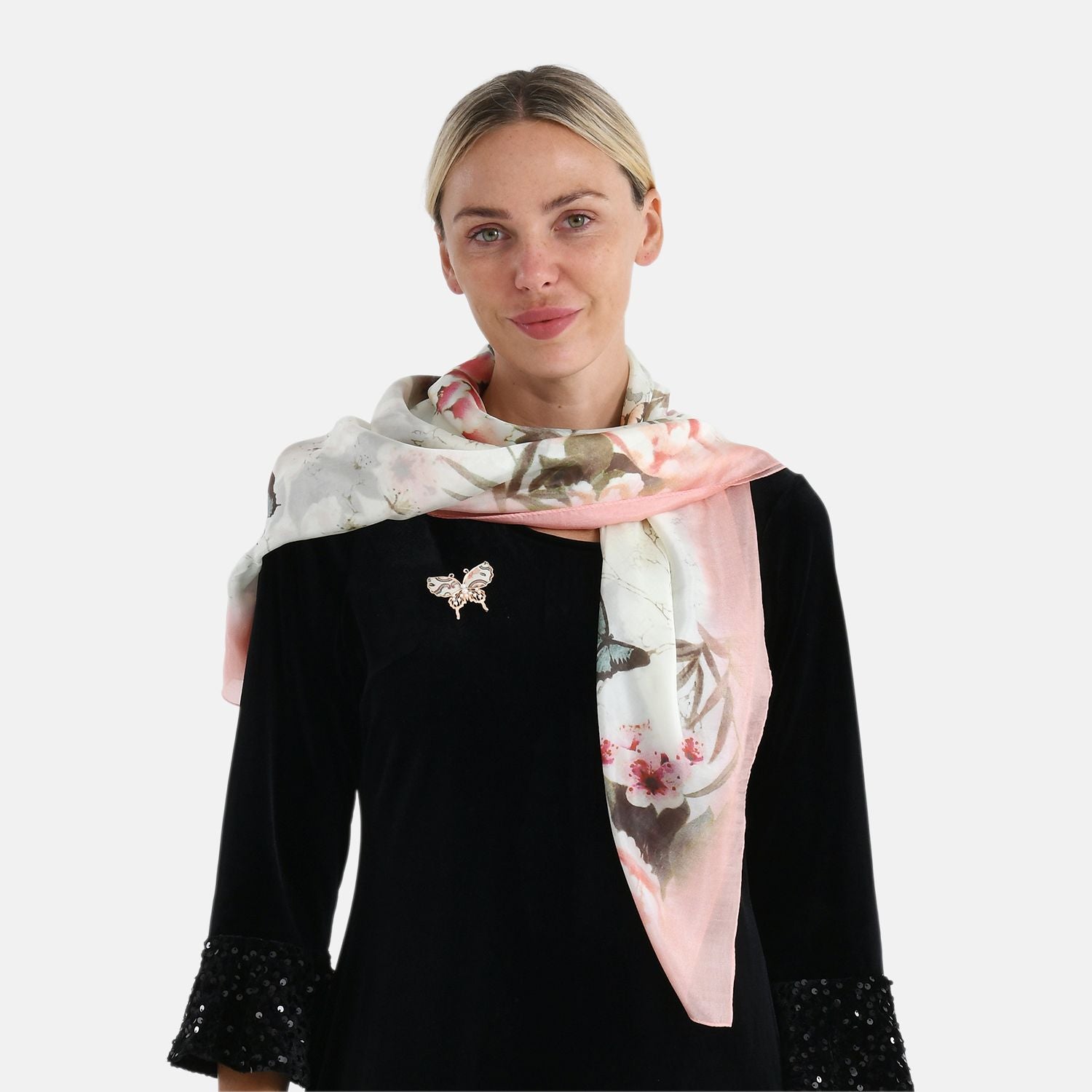 LA MAREY signature 100% silk scarf, Silk pearl butterfly brooch Material: Silk & alloy  color: off white   Size: