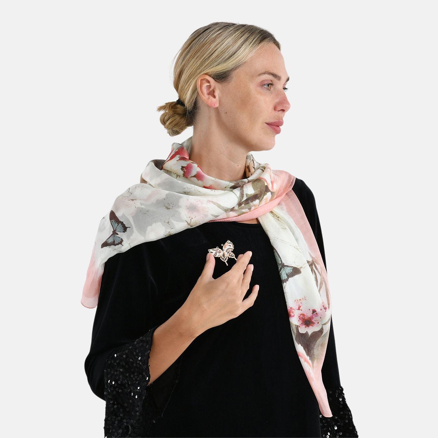 LA MAREY signature 100% silk scarf, Silk pearl butterfly brooch Material: Silk & alloy  color: off white   Size: