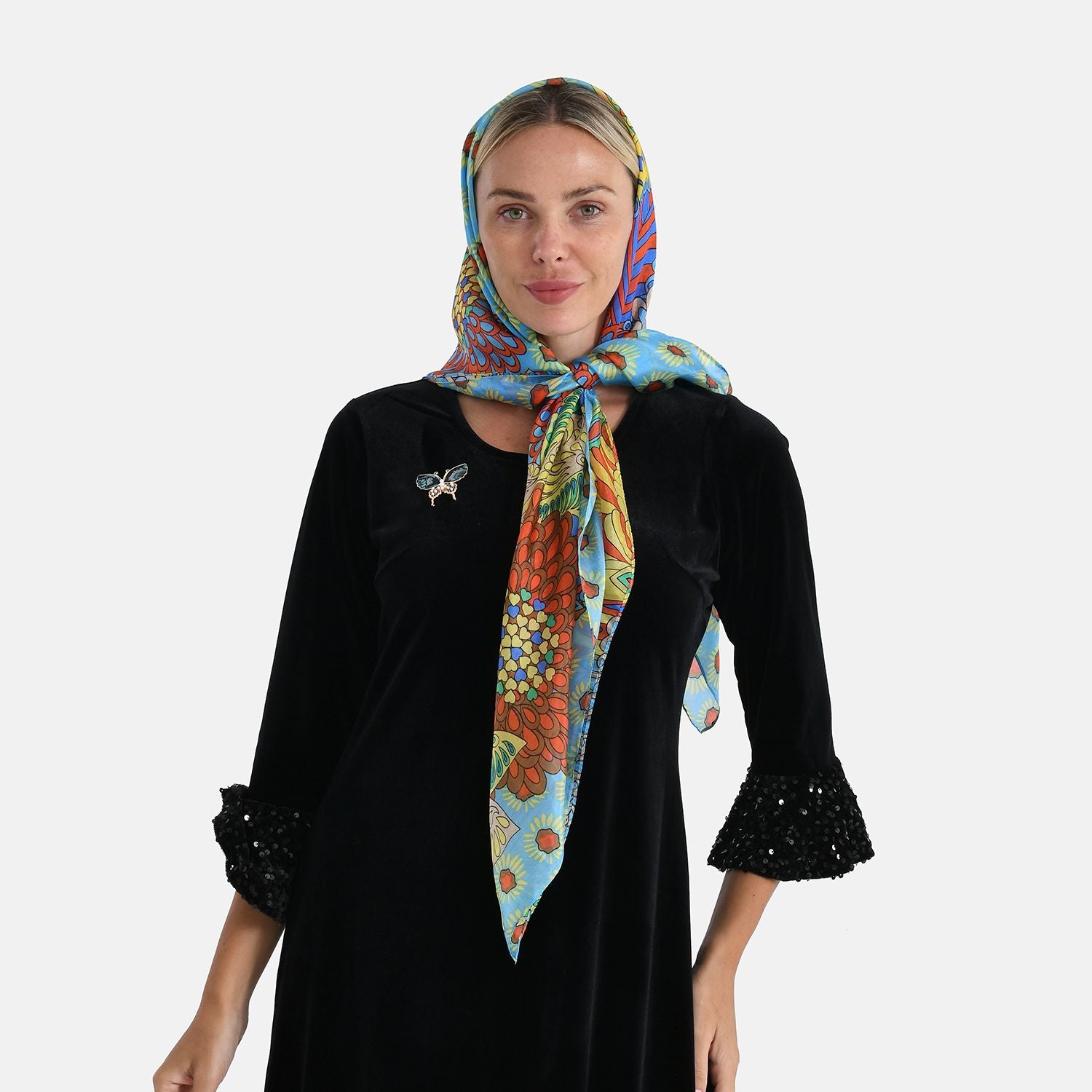 2er Set - La Marey - Seidenschal aus Maulbeerseide mit Blumenmuster und Brosche, 110x110 cm, Blau