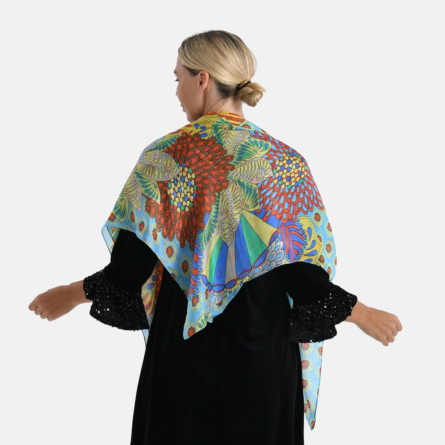 2er Set - La Marey - Seidenschal aus Maulbeerseide mit Blumenmuster und Brosche, 110x110 cm, Blau