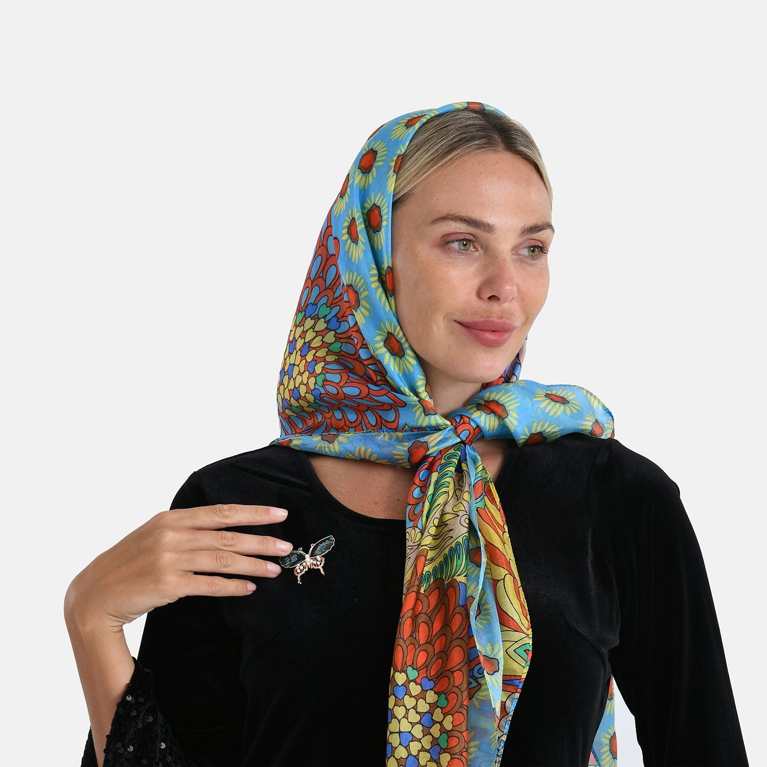 2er Set - La Marey - Seidenschal aus Maulbeerseide mit Blumenmuster und Brosche, 110x110 cm, Blau
