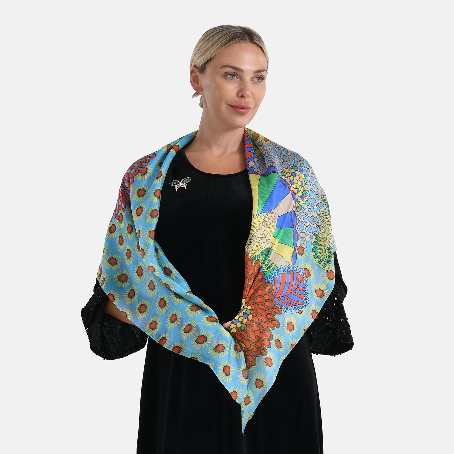 2er Set - La Marey - Seidenschal aus Maulbeerseide mit Blumenmuster und Brosche, 110x110 cm, Blau