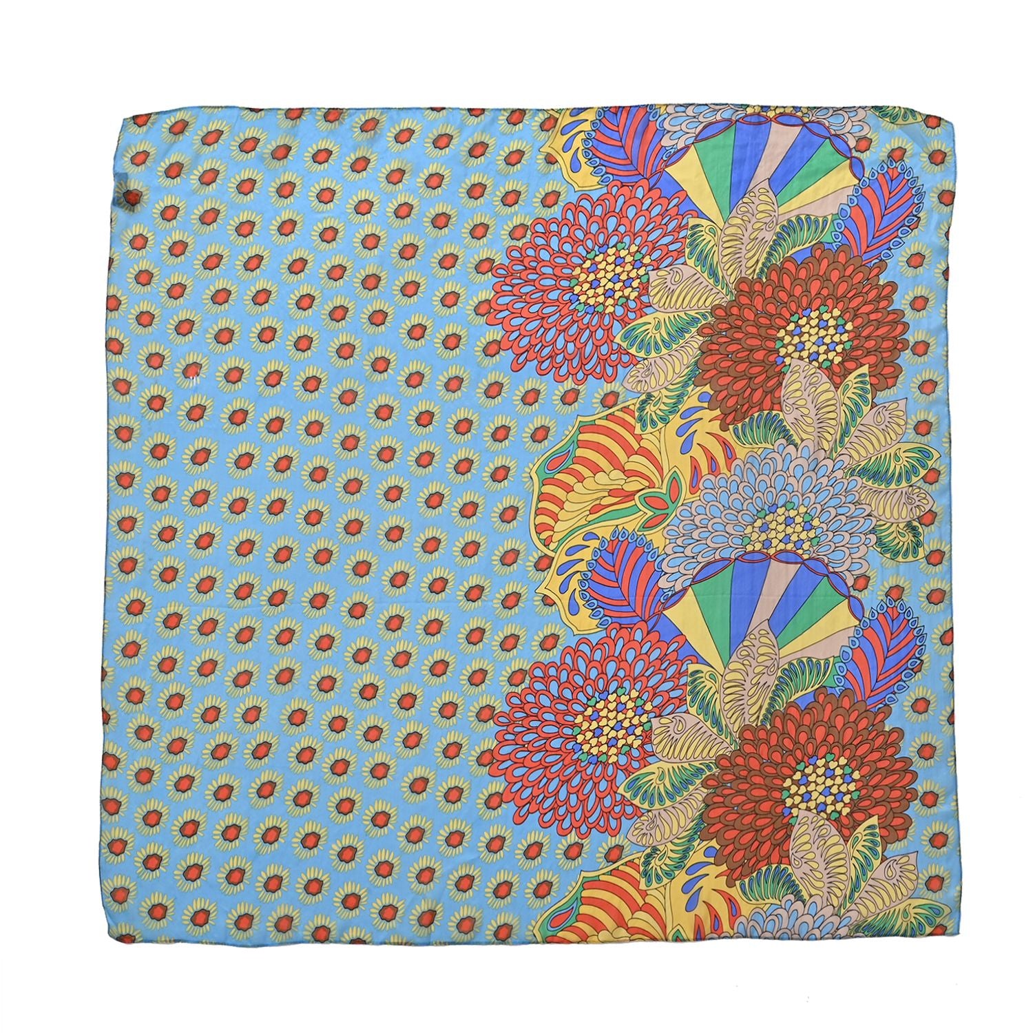 2er Set - La Marey - Seidenschal aus Maulbeerseide mit Blumenmuster und Brosche, 110x110 cm, Blau