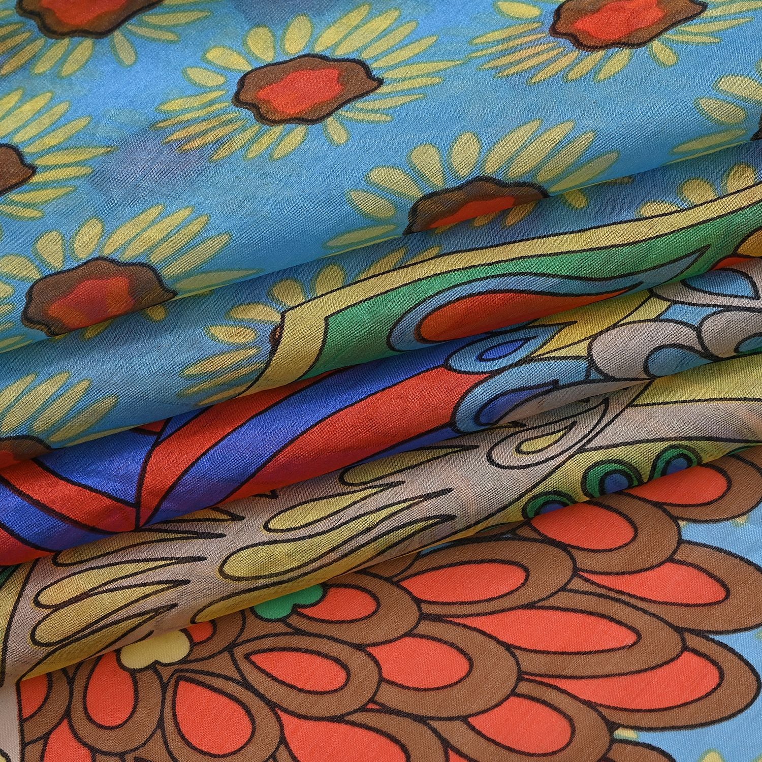 2er Set - La Marey - Seidenschal aus Maulbeerseide mit Blumenmuster und Brosche, 110x110 cm, Blau