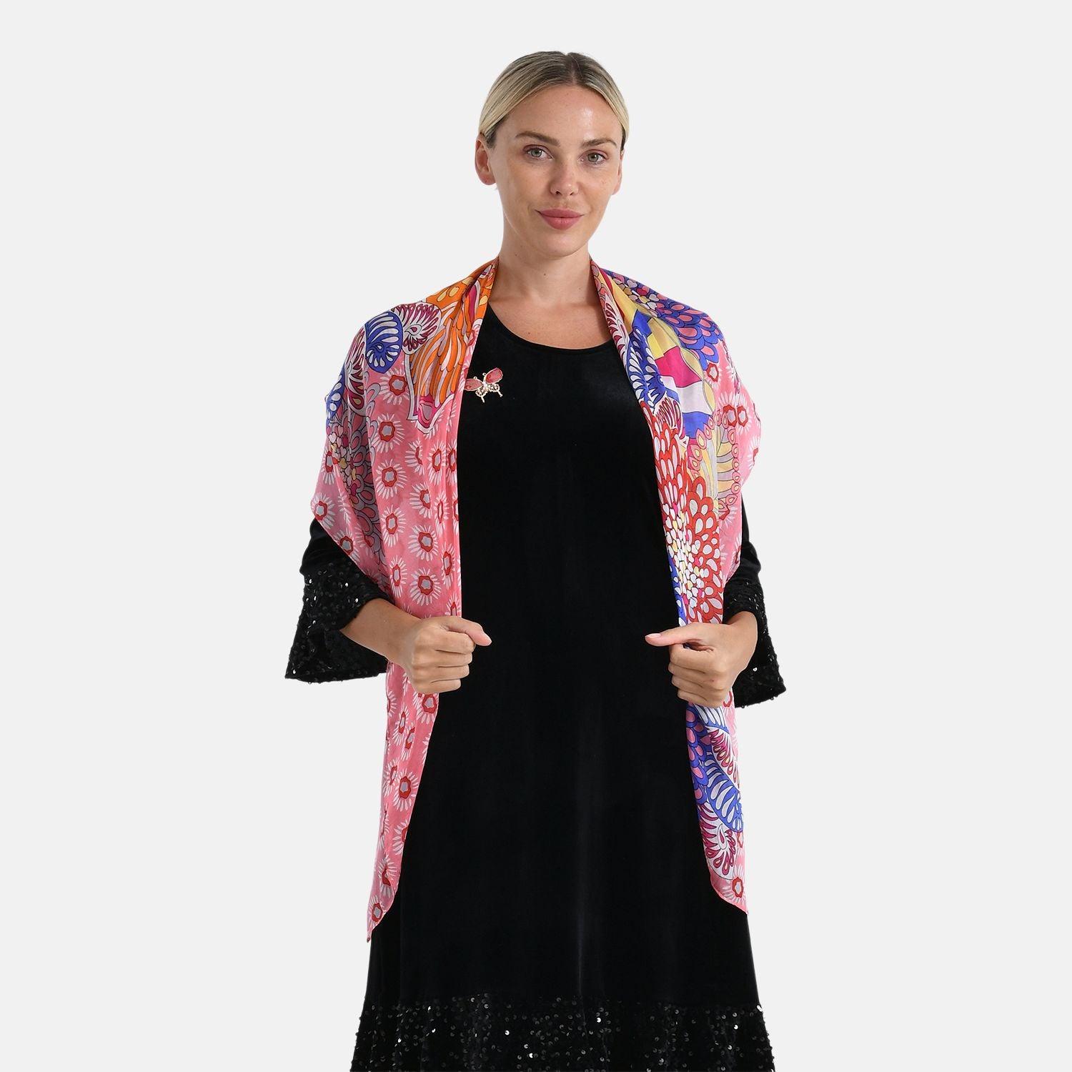 LA MAREY Signature - Seiden-Foulard aus 100% Maulbeerseide und Schmetterling-Seidenbrokat-Brosche, 110x110 cm, Rosa