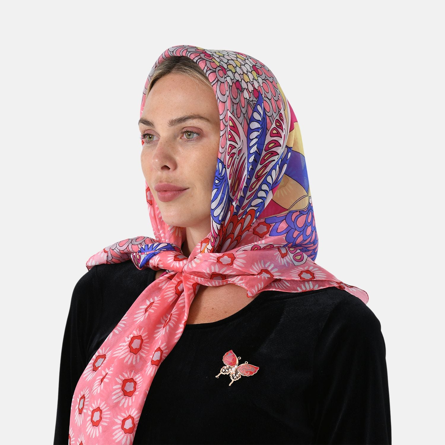 LA MAREY Signature - Seiden-Foulard aus 100% Maulbeerseide und Schmetterling-Seidenbrokat-Brosche, 110x110 cm, Rosa