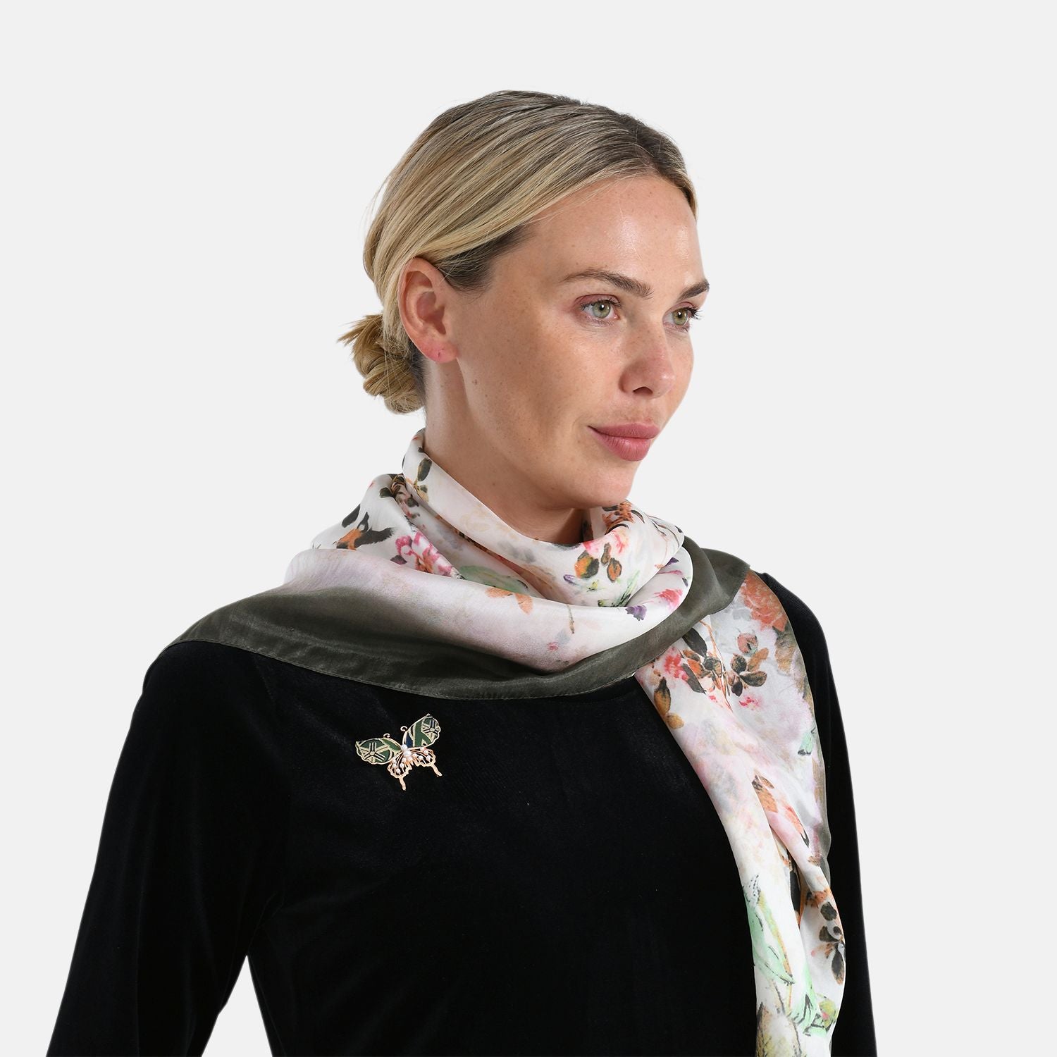 LA MAREY Signature - Seiden-Foulard aus 100% Maulbeerseide und Schmetterling-Seidenbrokat-Brosche, 110x110 cm, Grau