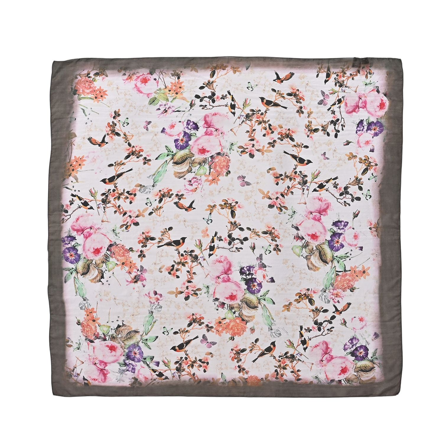 LA MAREY Signature - Seiden-Foulard aus 100% Maulbeerseide und Schmetterling-Seidenbrokat-Brosche, 110x110 cm, Grau