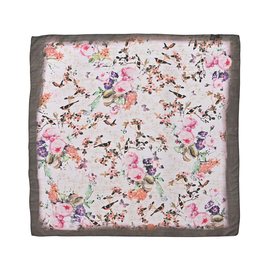 LA MAREY Signature - Seiden-Foulard aus 100% Maulbeerseide und Schmetterling-Seidenbrokat-Brosche, 110x110 cm, Grau