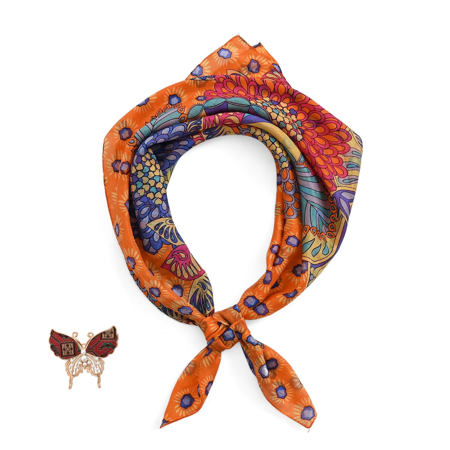LA MAREY Signature - Seiden-Foulard aus 100% Maulbeerseide und Schmetterling-Seidenbrokat-Brosche, 110x110 cm, Safranorange