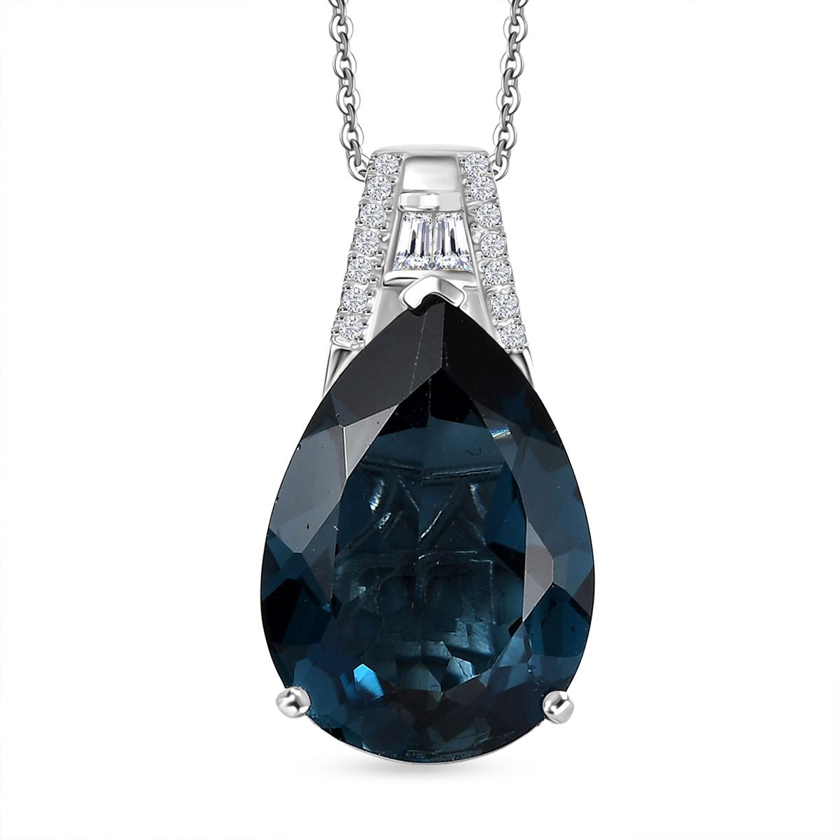D'Joy London Blau Topas, Moissanit Anhäanger mit Kette. 50 cm 925 Silber rhodiniert ca. 13.20 ct