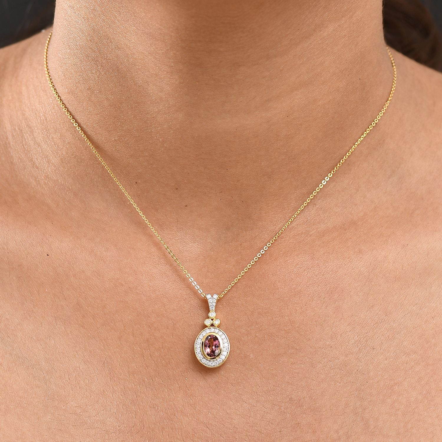MÜNCHEN CLOSE OUT - D'Joy AA Cruzeiro Blush Turmalin, Moissanit Schmuckset ca. 50 cm 925 Silber 750 Gelbgold Vermeil ca. 0.94 ct