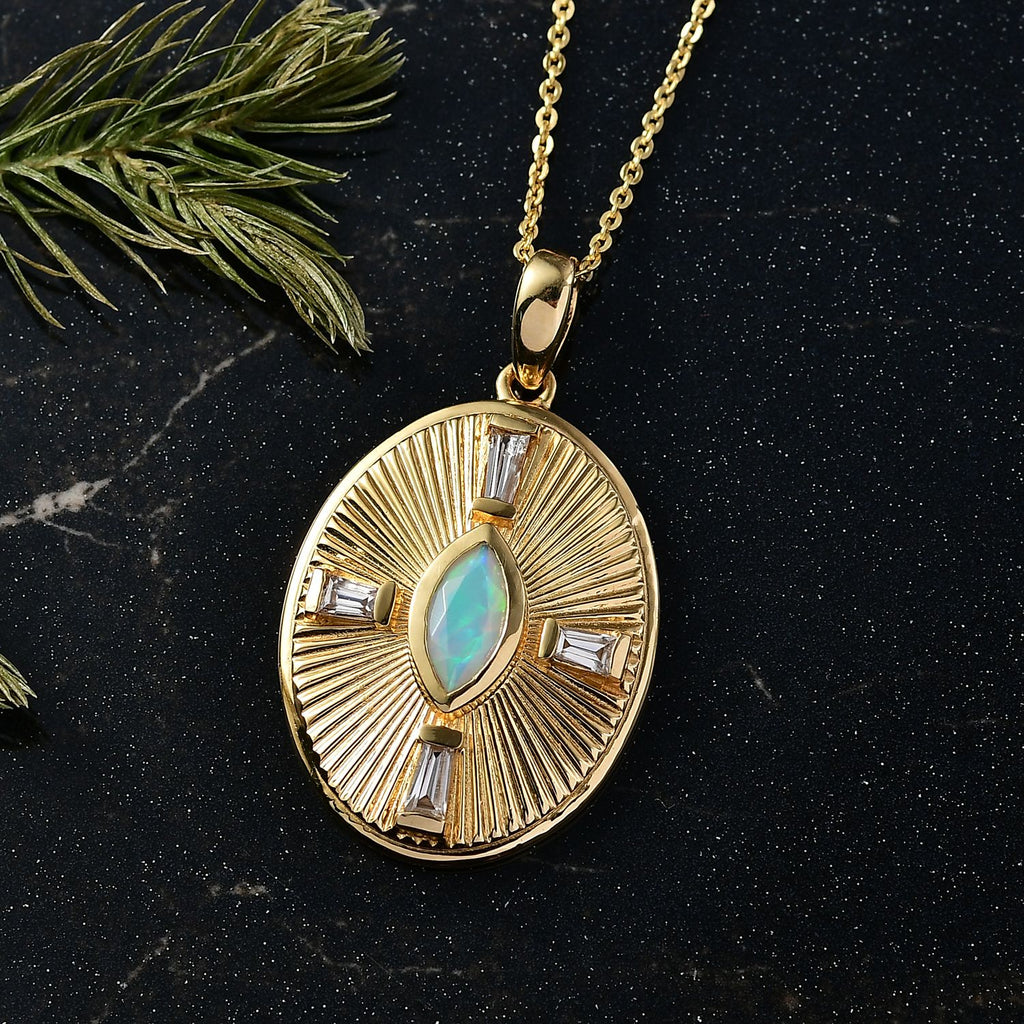 D'Joy AA Natürlicher, äthiopischer Welo Opal, Weißer Zirkon Schmuckset ca. 50 cm 925 Silber 750 Gelbgold Vermeil ca. 0.80 ct