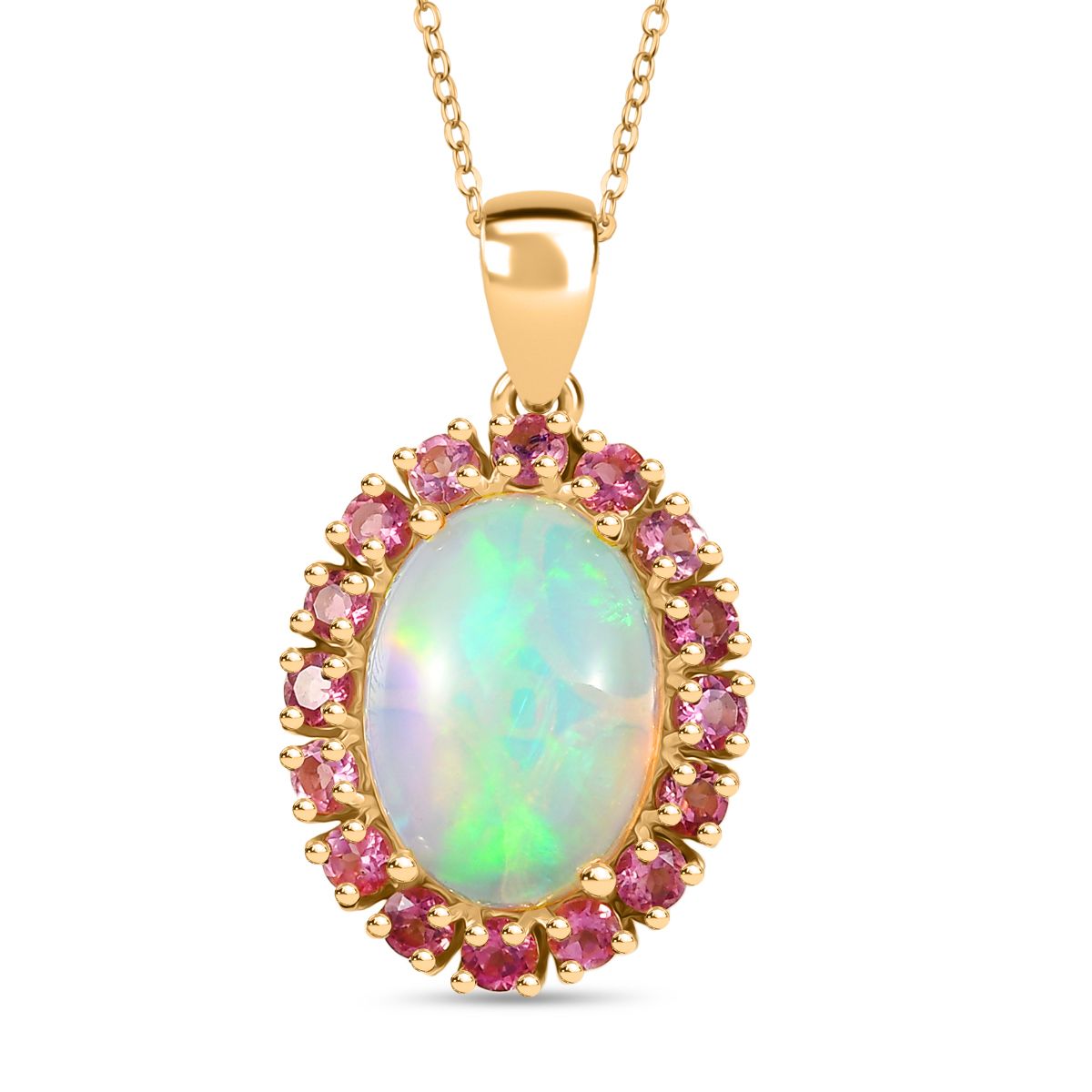 D'Joy AAA Natürlicher, äthiopischer Welo Opal, Rosa Turmalin Schmuckset ca. 50 cm 925 Silber 750 Gelbgold Vermeil ca. 5.09 ct
