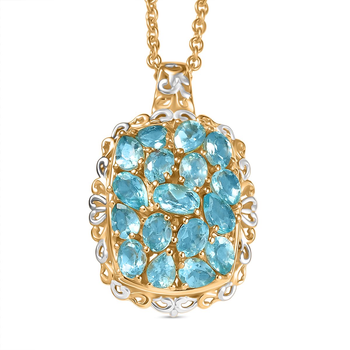 Batroke Blauer Apatit Anhänger mit Kette, ca. 50 cm Nickelfreies Messing platiniert und vergoldet und 316L Edelstahl platiniert ca. 3.31 ct
