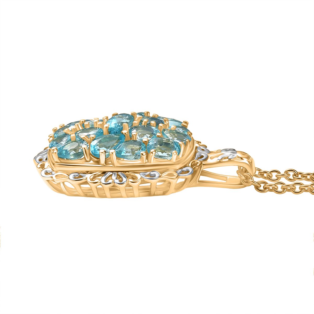 Batroke Blauer Apatit Anhänger mit Kette, ca. 50 cm Nickelfreies Messing platiniert und vergoldet und 316L Edelstahl platiniert ca. 3.31 ct