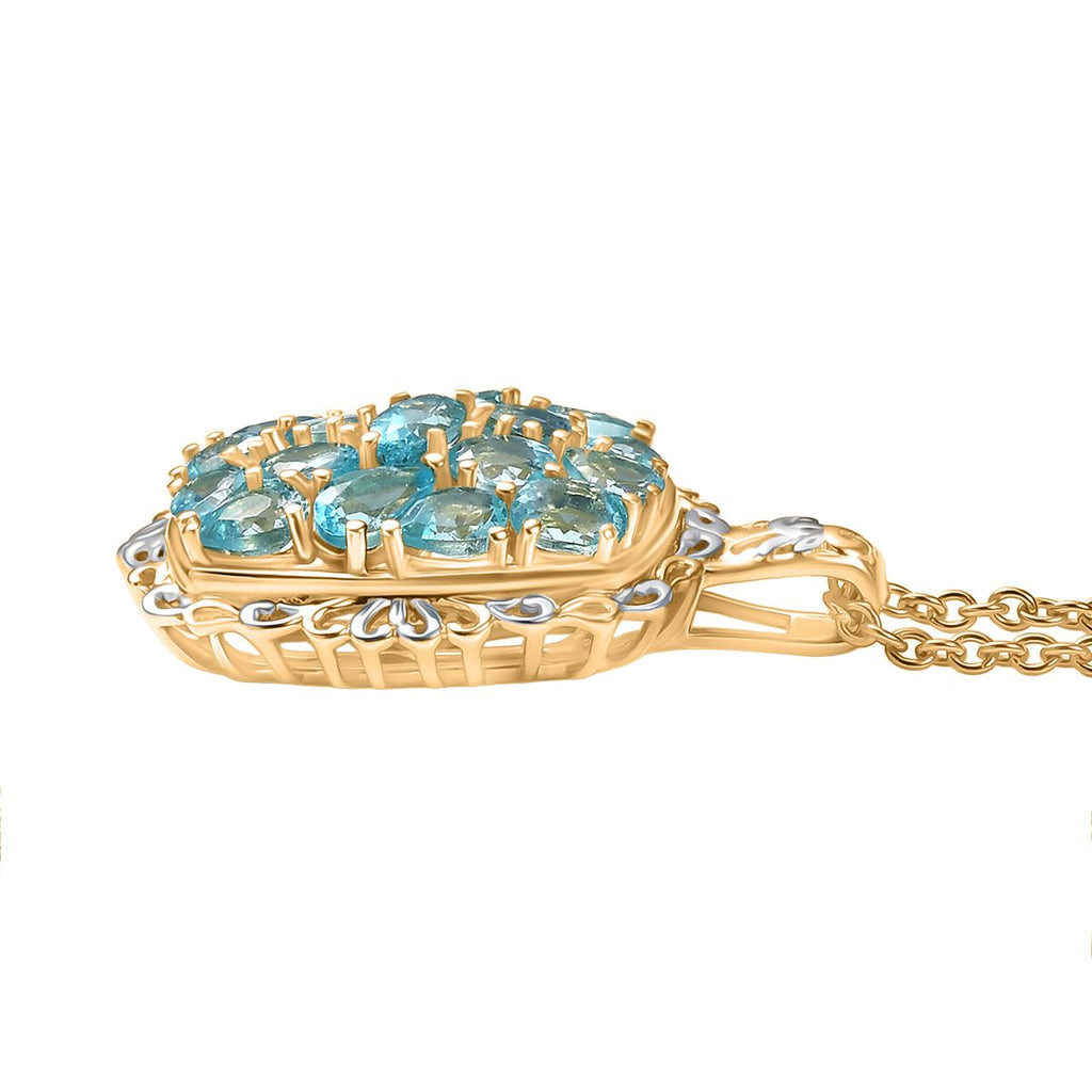 Batroke Blauer Apatit Anhänger mit Kette, ca. 50 cm Nickelfreies Messing platiniert und vergoldet und 316L Edelstahl platiniert ca. 3.31 ct