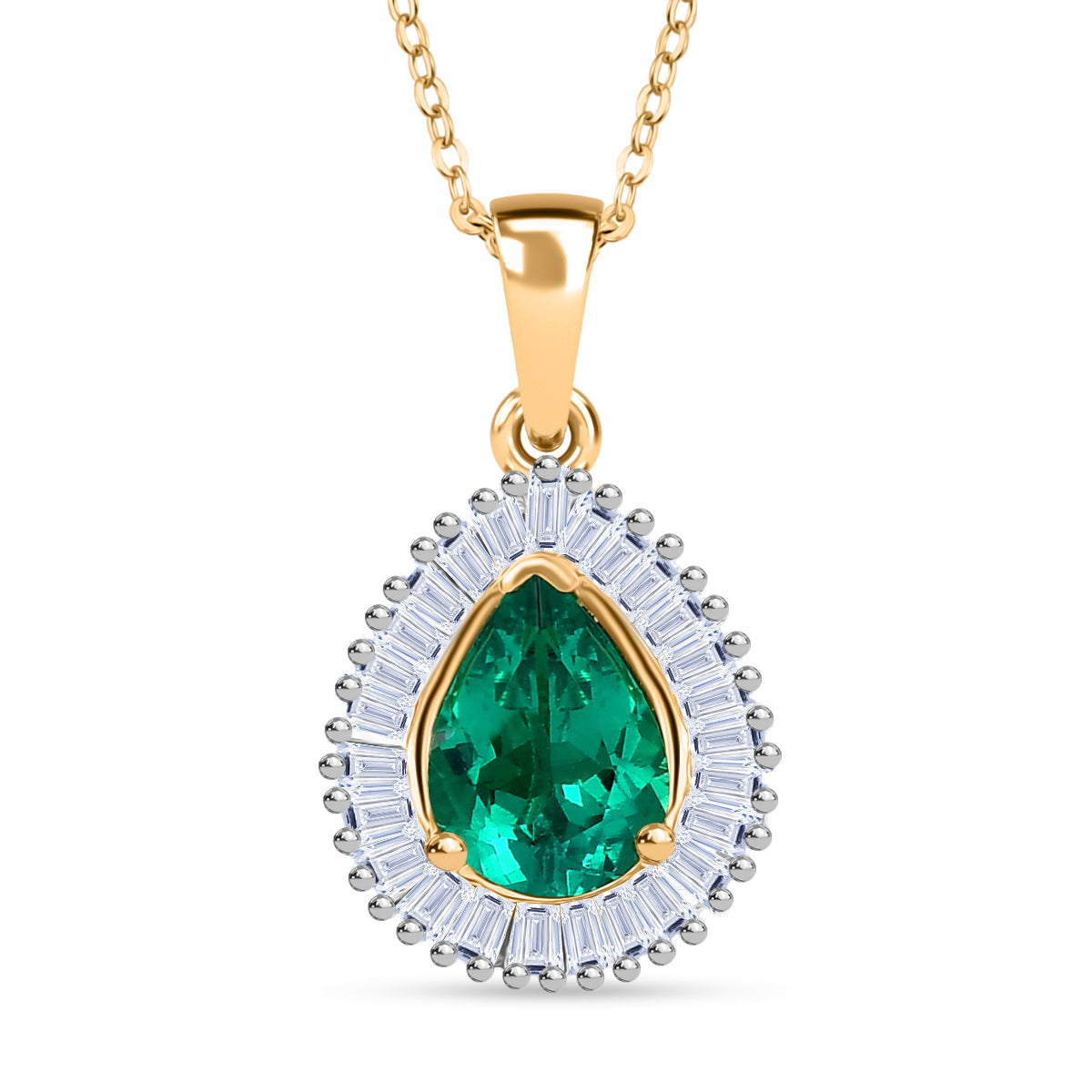 LUXURIANT - AAA Lab Grown Kolumbianischer Smaragd, Lab Grown Diamant Anhänger mit Kette, ca. 50 cm 925 Silber 750 Gelbgold Vermeil ca. 1.57 ct