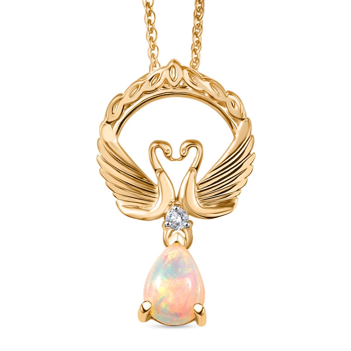 D'Joy AA Natürlicher, äthiopischer Welo Opal, Weißer Zirkon Schmuckset ca. 50 cm 925 Silber 750 Gelb Vergoldet ca. 0.55 ct