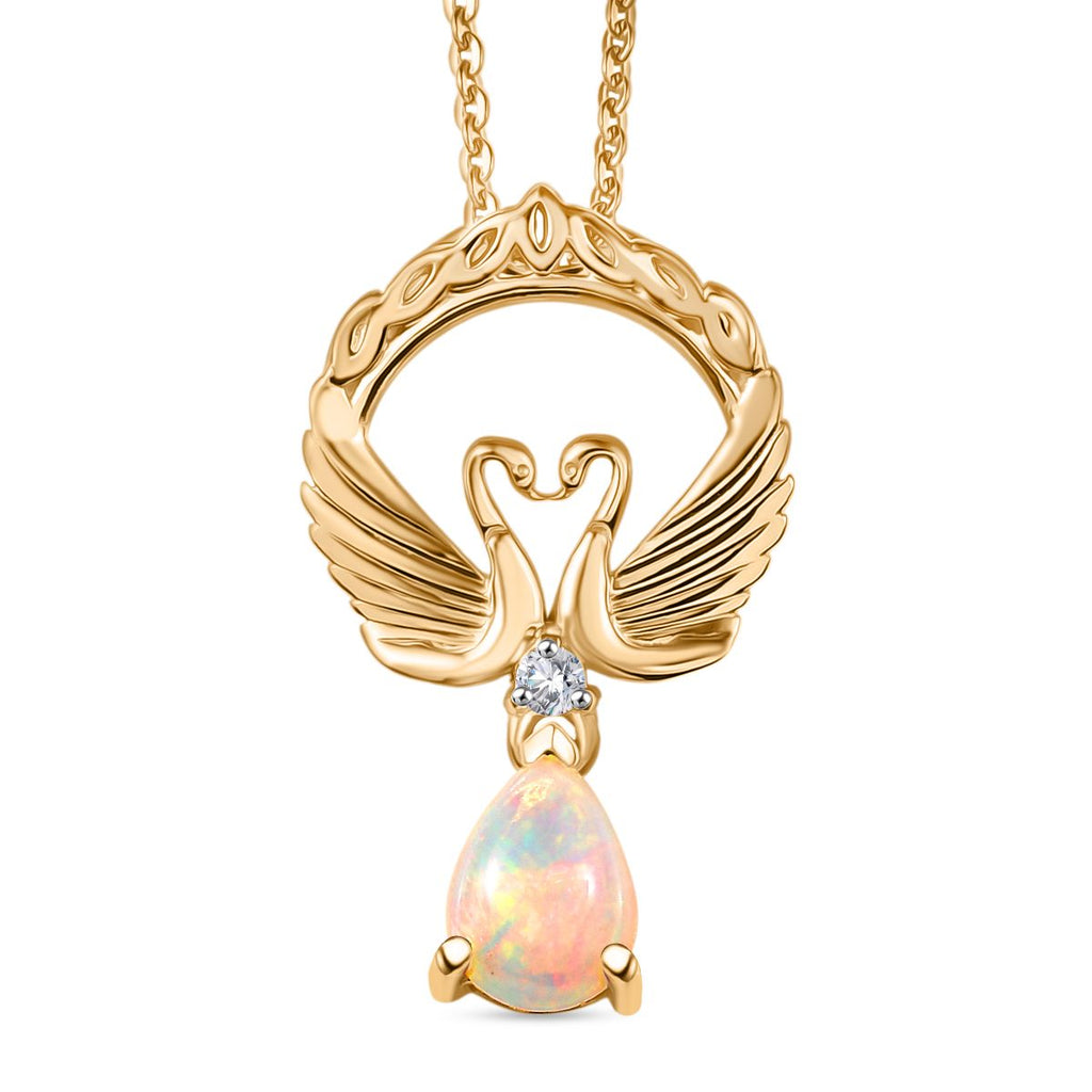 D'Joy AA Natürlicher, äthiopischer Welo Opal, Weißer Zirkon Schmuckset ca. 50 cm 925 Silber 750 Gelb Vergoldet ca. 0.55 ct