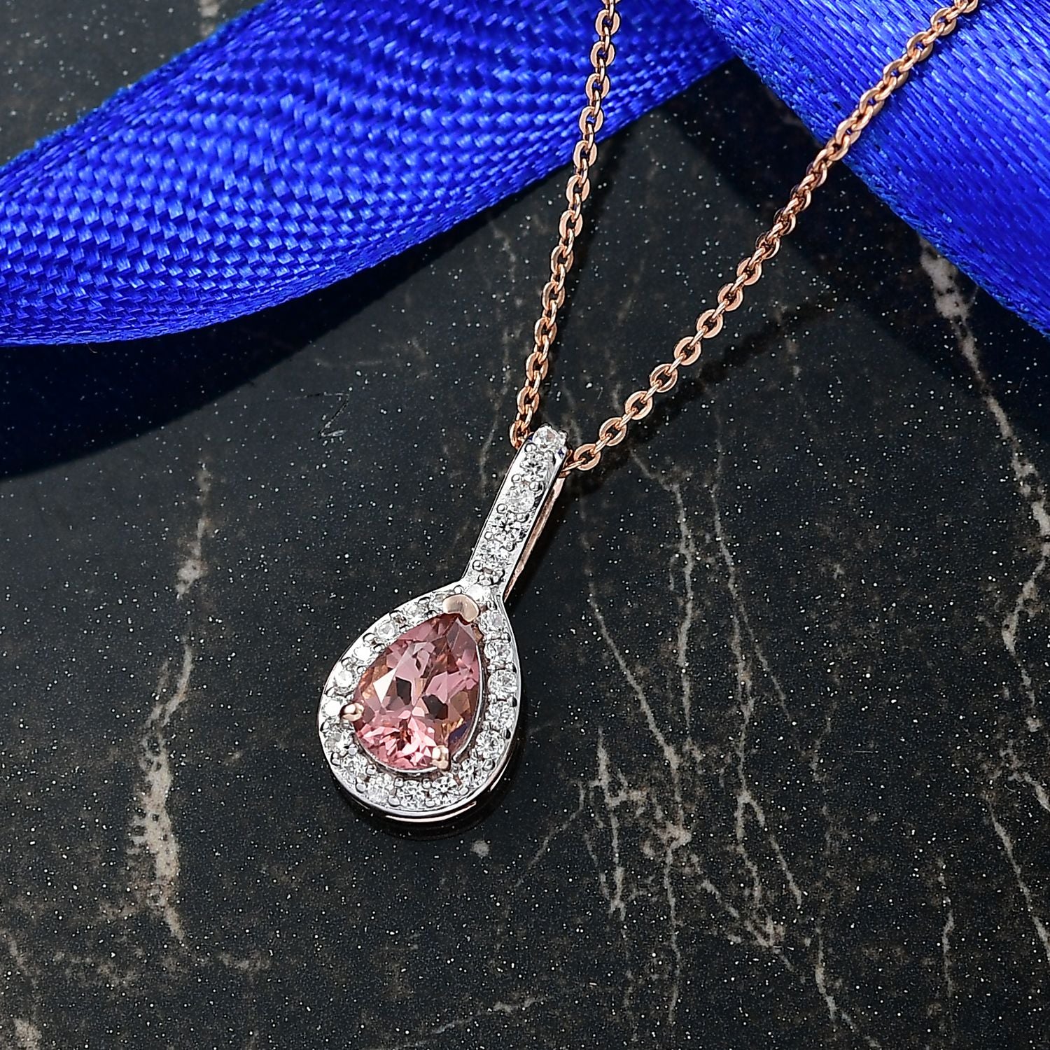D'Joy AA Blush Turmalin, Weißer Zirkon Schmuckset ca. 50 cm 925 Silber 750 Roségold Vermeil ca. 1.01 ct