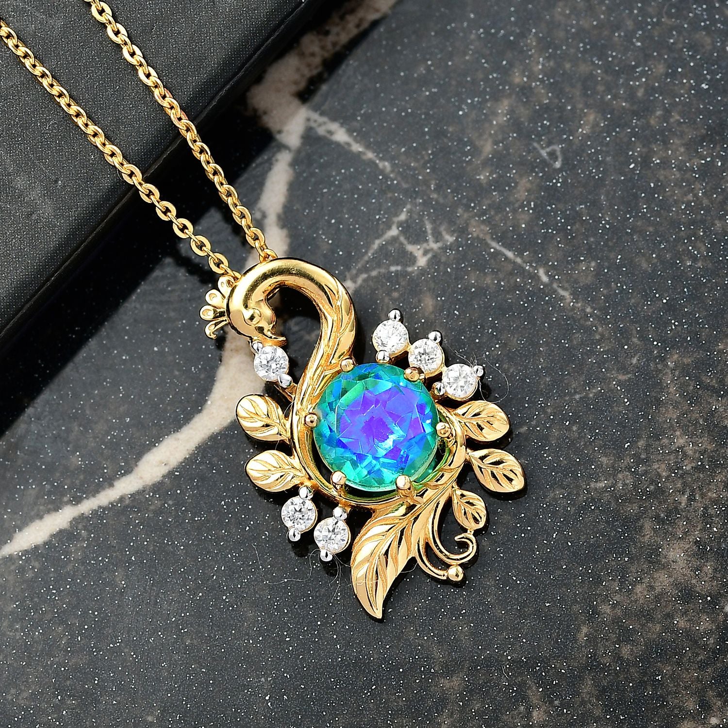 D'Joy Pfau Quarz Triplette, Weißer Zirkon Schmuckset ca. 50 cm 925 Silber 750 Gelb Vergoldet ca. 1.79 ct
