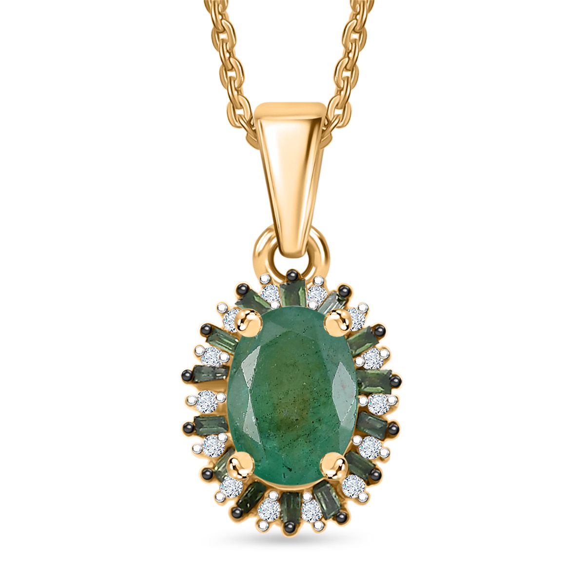 D'Joy Kagem Sambischer Smaragd, Weißer Zirkon Schmuckset ca. 50 cm 925 Silber 750 Gelbgold Vermeil ca. 0.91 ct