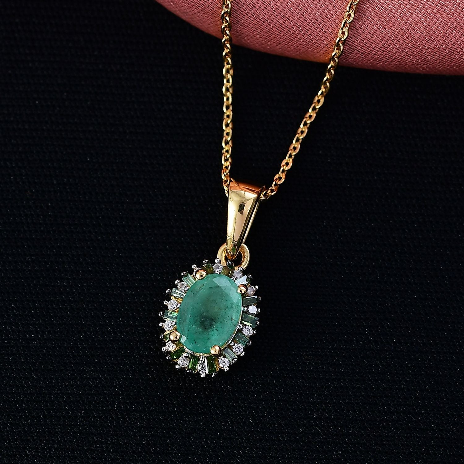 D'Joy Kagem Sambischer Smaragd, Weißer Zirkon Schmuckset ca. 50 cm 925 Silber 750 Gelbgold Vermeil ca. 0.91 ct